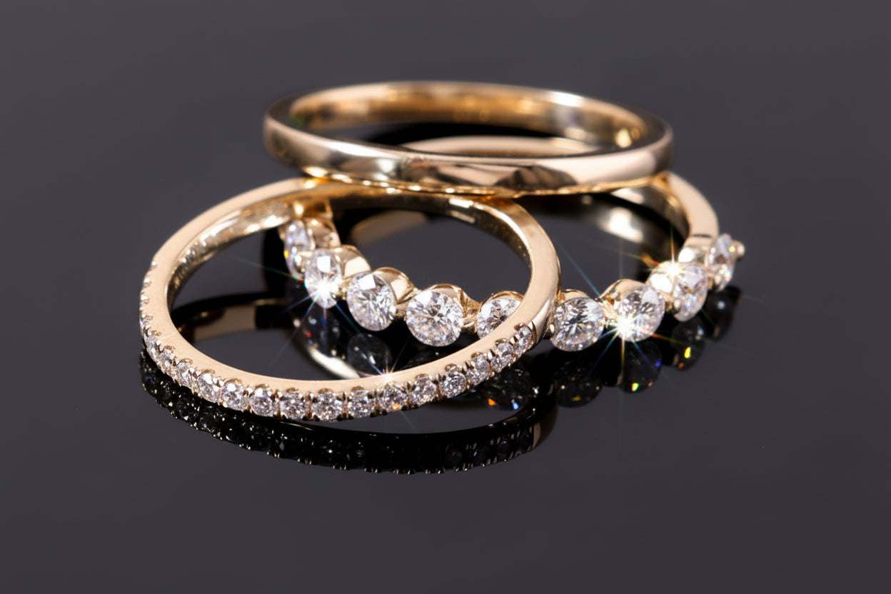 Two gold rings with diamond accents on a reflective black surface
